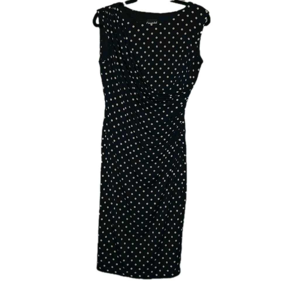 Connected Polka Dot Women's Size 8 Faux Wrap Dress Sleeveless Navy Blue & Ivory